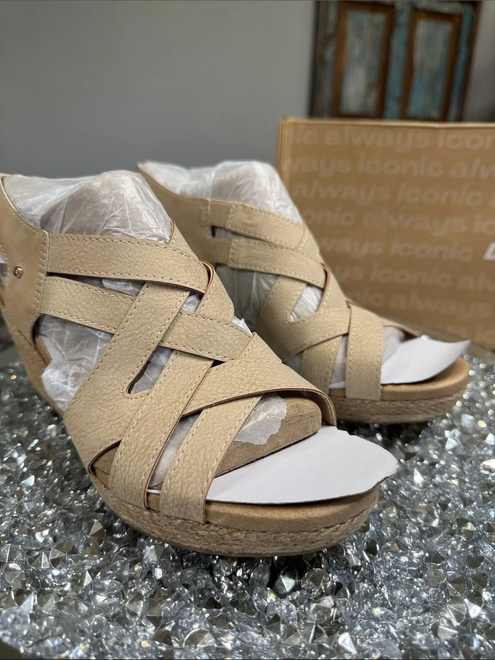 Dr. Scholl's Everlasting leather tan Woven Espadrille Wedge Sandals NEW 8